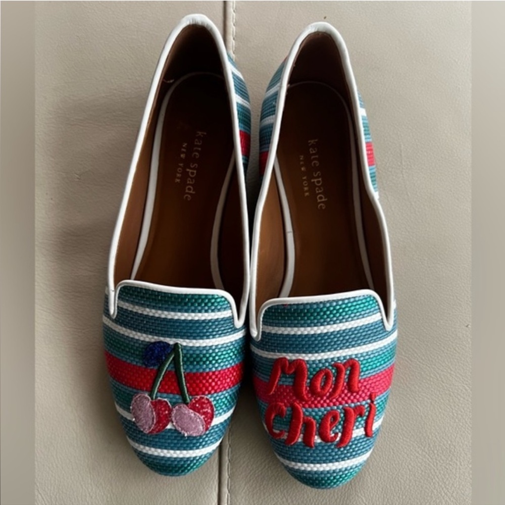 Kate Spade Lounge Cherries Mon Cheri Striped Raffia Loafers Flats